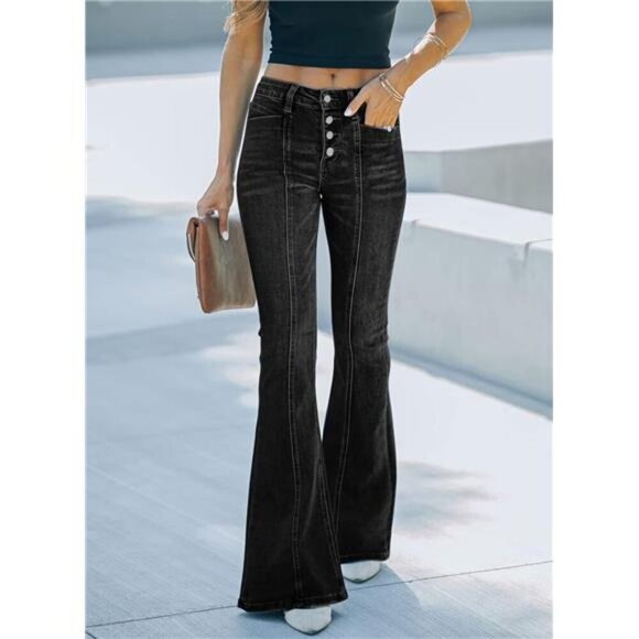 Black Dark Wash Flare Bell Bottom Jeans Wide Leg Button High Waist Bootcut Jeans - Picture 1 of 6